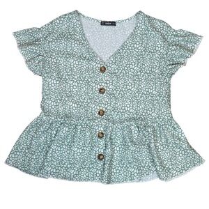 SHEIN V Neck Button Down‎ OVERSIZED Flutter Sleeve Mint Print Blouse - Size XS